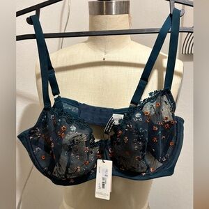 Embroidered Underwire Bra in Teal with Floral Accents